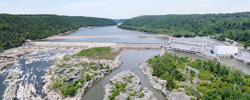 Aerial view of the Holtwood Dam on the Susquehanna River in Pennsylvania.