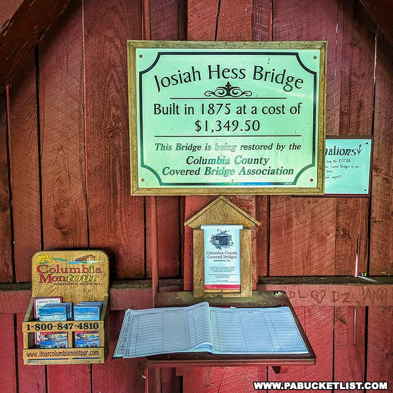 The Josiah Hess Covered Bridge in Columbia County Pennsylvania was built in 1875 at a cost of 1349 dollars.