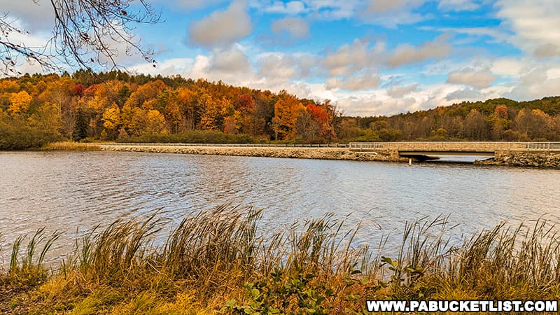 Fall foliage views around Keystone Lake at Keystone State Park in Westmoreland County Pennsylvania.