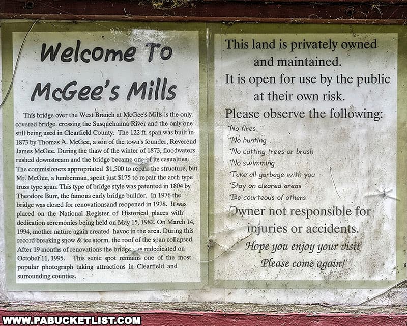 Welcome to McGee's Mills sign in parklet adjacent to covered bridge.