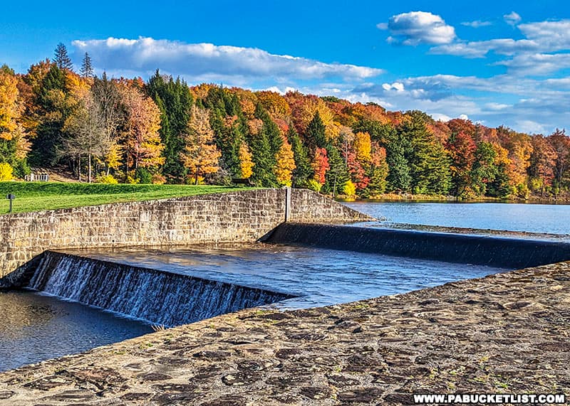 Fall foliage around the spillway at Parker Dam State Park in Clearfield County Pennsylvania.