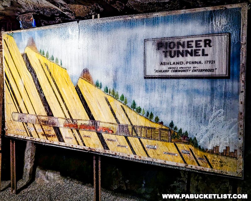 One of several storyboards inside Pioneer Tunnel depicting the mining operations there.