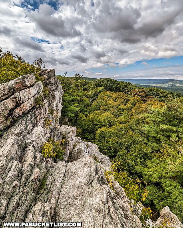 Pole Steeple Overlook is comprised of a quartzite rock outcropping in the Michaux State Forest.