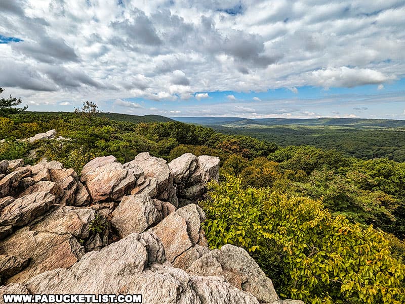 Looking out over Pine Grove Furnace State Park and the Michaux State Forest from Pole Steeple Overlook in Cumberland County Pennsylvania.