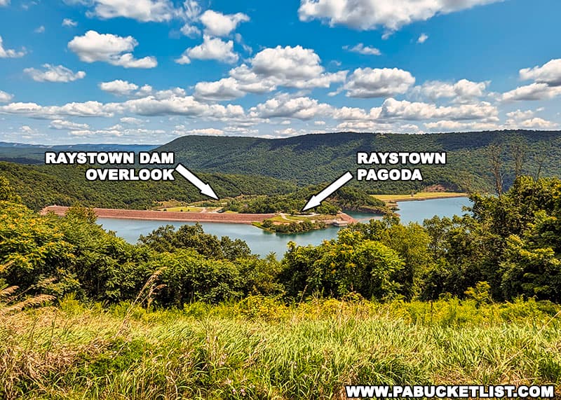 Looking down on the Raystown Pagoda and the Raystown Dam Overlook from Ridenour Overlook.
