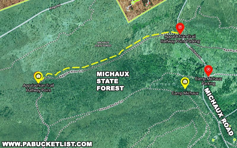 The hike from MIchaux Road to the Appalachian Trail Halfway Point marker is 0.9 miles long (one-way).