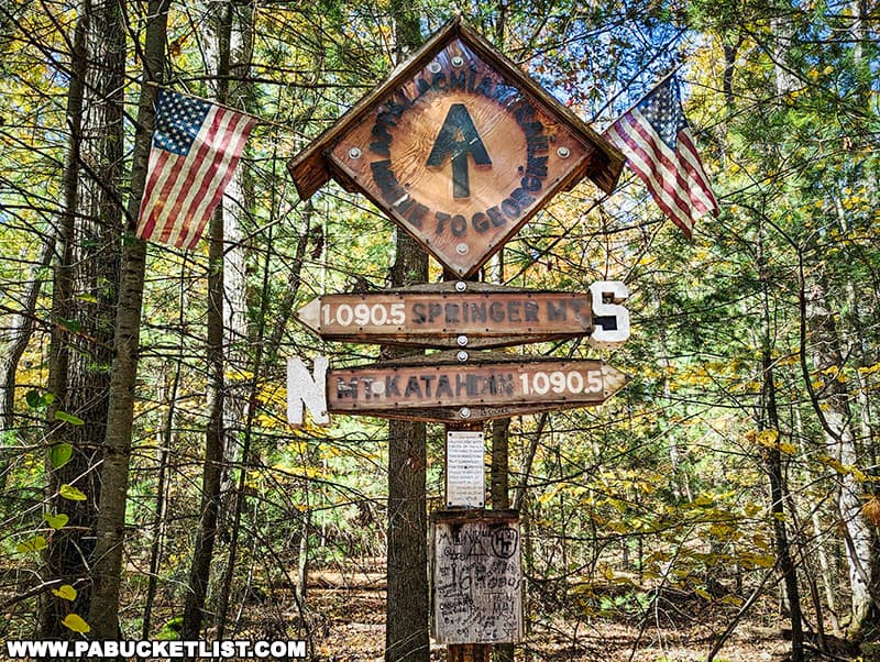The Appalachian Trail Halfway Point marker was erected in 2011, when the trail was 2,181 miles long.