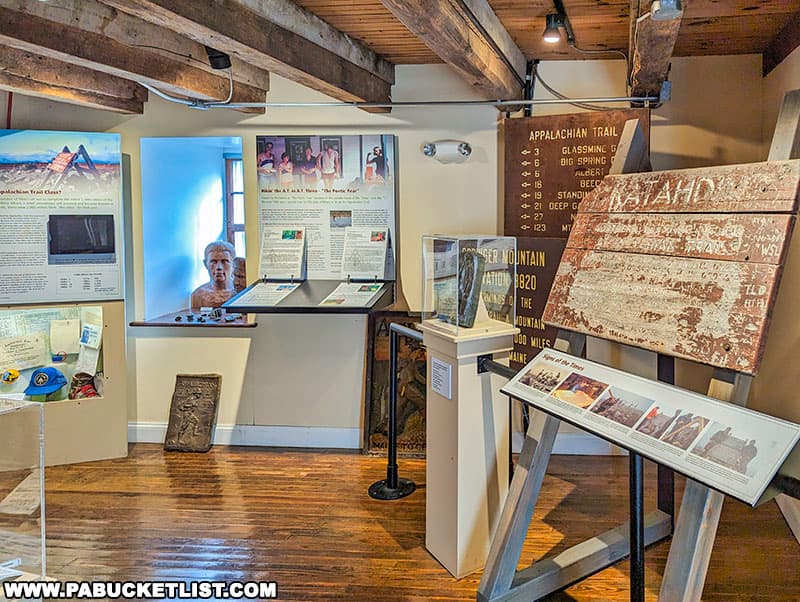 Some of the trail signage and memorabilia on exhibit at the Appalachian Trail Museum.