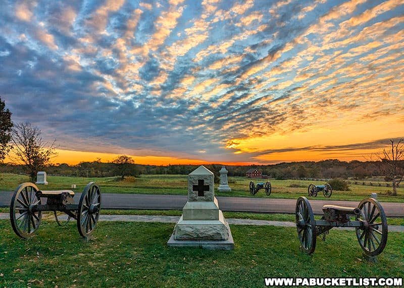Sunrise on Cemetery Ridge at the Gettysburg National Military Park in Gettysburg Pennsylvania.