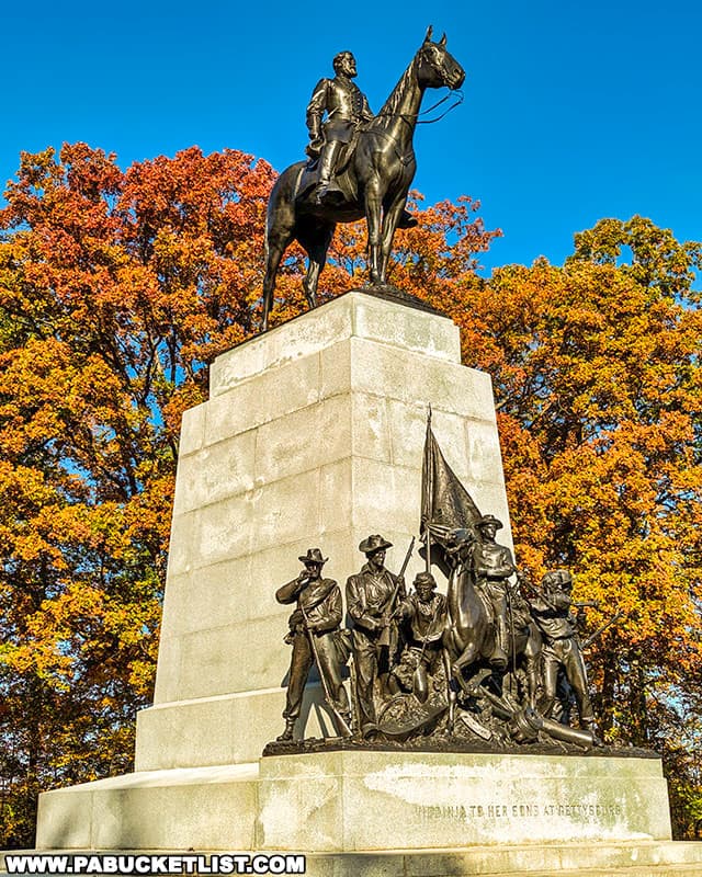 Fall foliage around the Virginia Monument on the Gettysburg battlefield.