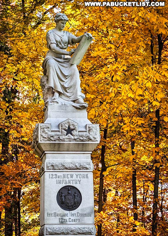 Fall foliage around the 123rd New York Infantry Monument on the Gettysburg battlefield.