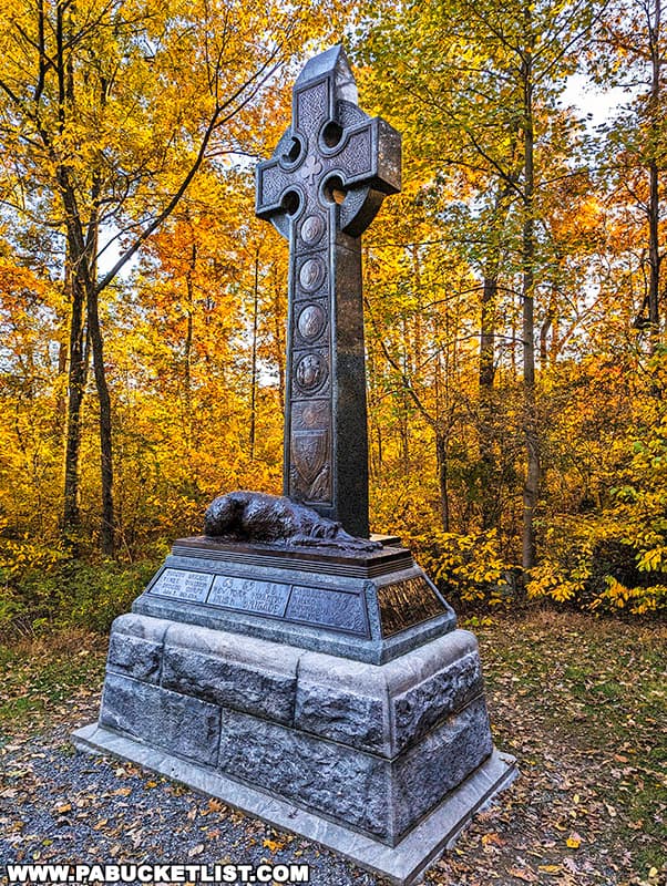 Irish Brigade Monument, 63rd, 69th and 88th New York Infantry 14th New York Independent Battery surrounded by fall foliage on the Gettysburg battlefield.