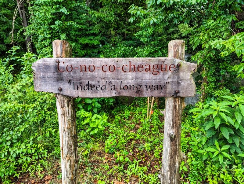 Rustic wooden signpost at Fort Loudoun in Franklin County, Pennsylvania, bearing the text 'Co-no-co-cheague,' with a subtext reading 'Indeed a long way.' The sign is surrounded by lush green foliage and dense trees in the background.