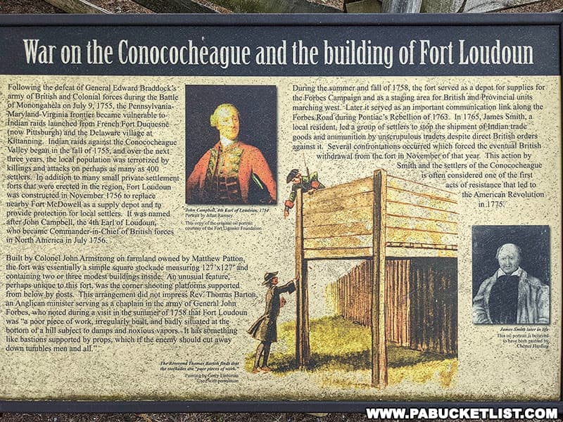 Historical information panel titled 'War on the Conococheague and the building of Fort Loudoun' with detailed text on events related to General Edward Braddock's defeat, the Battle of Monongahela, and the significance of Fort Loudoun. The panel features illustrations of key figures, a fort, and settlers, alongside an excerpt on the fort's establishment and its relevance during Pontiac's Rebellion in 1763.