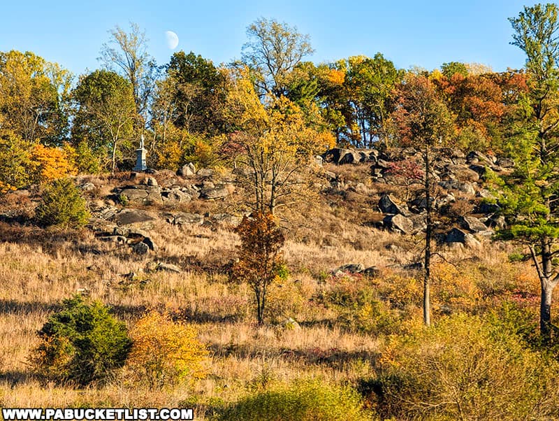 Fall foliage at moonrise on Little Round Top in October 2023.