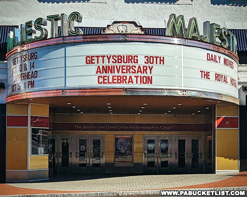 Marquee of the Majestic Theater in Gettysburg which hosted the director's cut screening of the movie Gettysburg as part of the film's 30th Anniversary celebration.