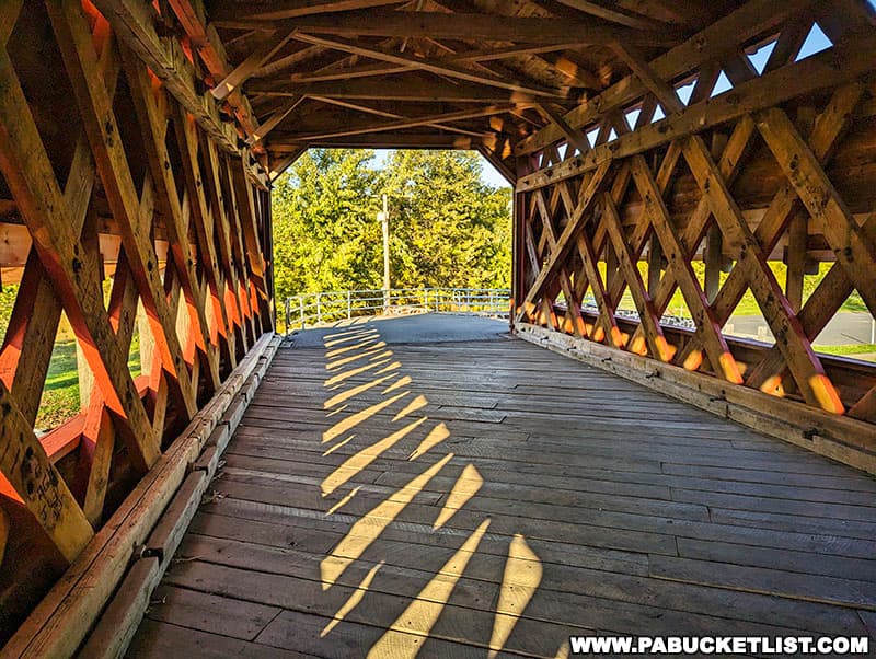 Sachs Covered Bridge utilizes an interesting construction technique known as a Town Lattice truss, named after its designer Ithiel Town.