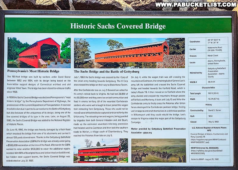 Sachs Covered Bridge was closed to vehicular traffic in 1968, and placed on the National Register of Historic Places in 1980.