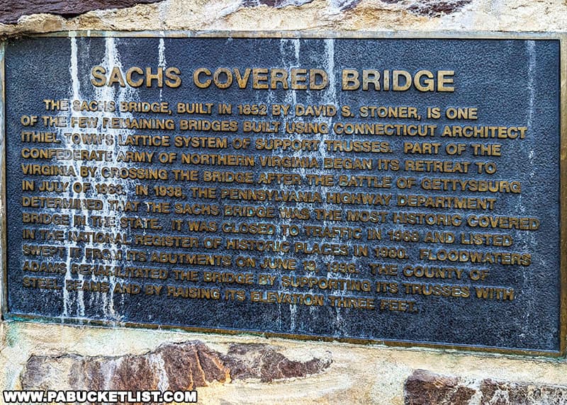 Plaque embedded in the abutment at Sachs Covered Bridge.