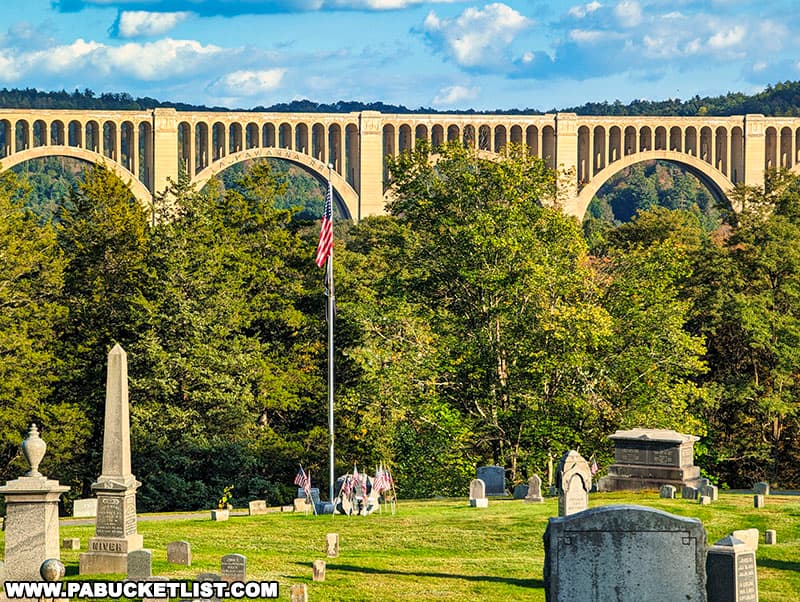 The Tunkhannock Viaduct is composed of twelve arches, with one arch at each end being totally buried by backfilled rocks and soil.