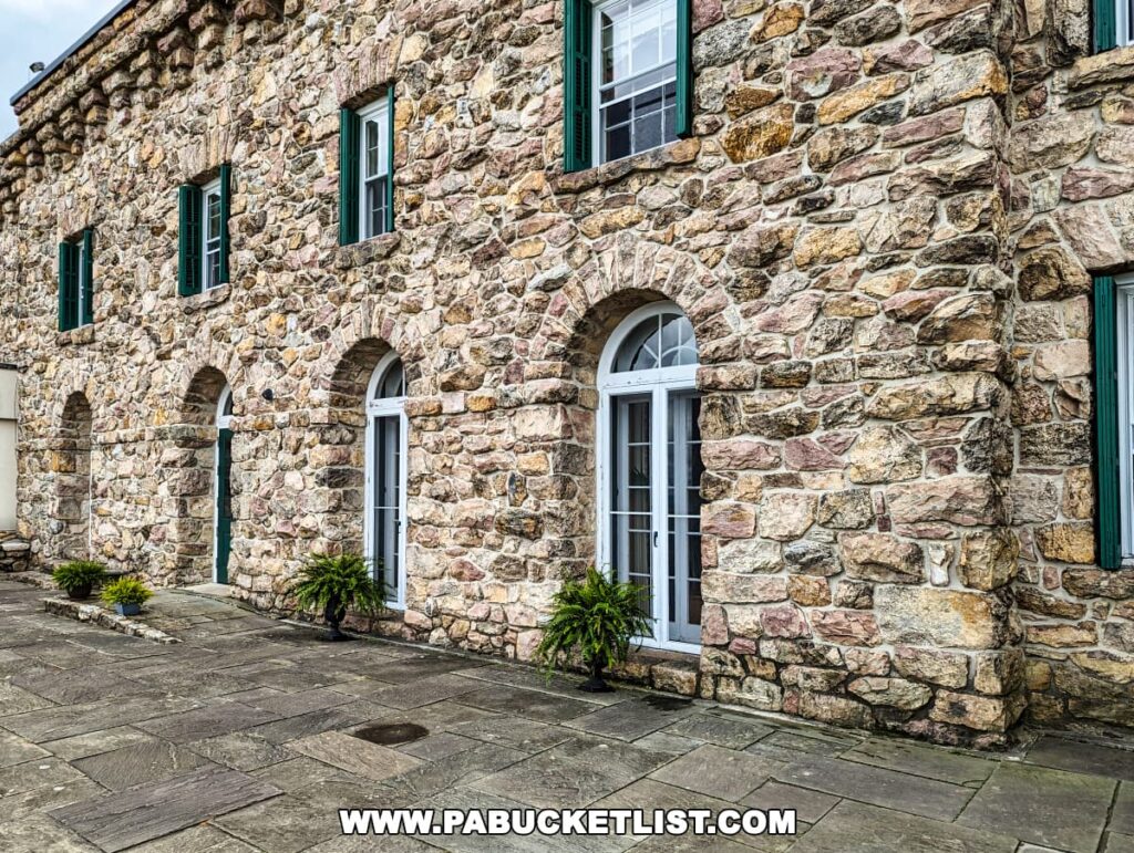 Rear facade of Cameron-Masland Mansion, featuring arched windows with green shutters on a stone wall, Cumberland County, PA.