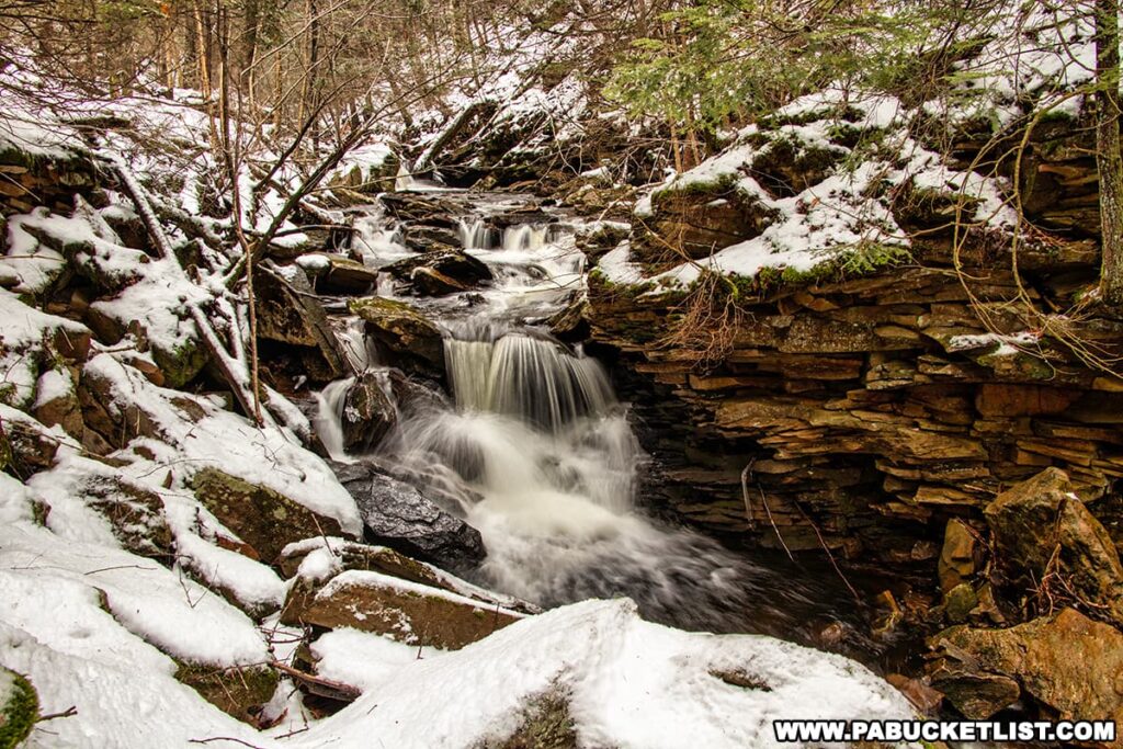 A dynamic cascade in Ricketts Glen State Park, captured along the Mountain Springs - Cherry Run loop. Water forcefully flows over a natural staircase of rugged, layered stone, bordered by snow-covered rocks and sparse winter vegetation. The overcast sky softly illuminates the scene, highlighting the contrast between the snow's quiet stillness and the waterfall's relentless motion, conveying the raw beauty of nature in winter.