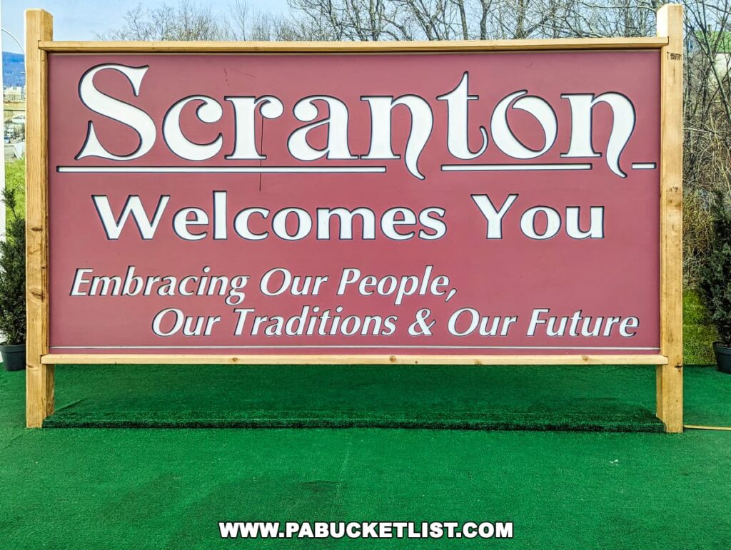 Welcome sign at the Marketplace at Steamtown in Scranton with the text 'Scranton Welcomes You - Embracing Our People, Our Traditions & Our Future'.