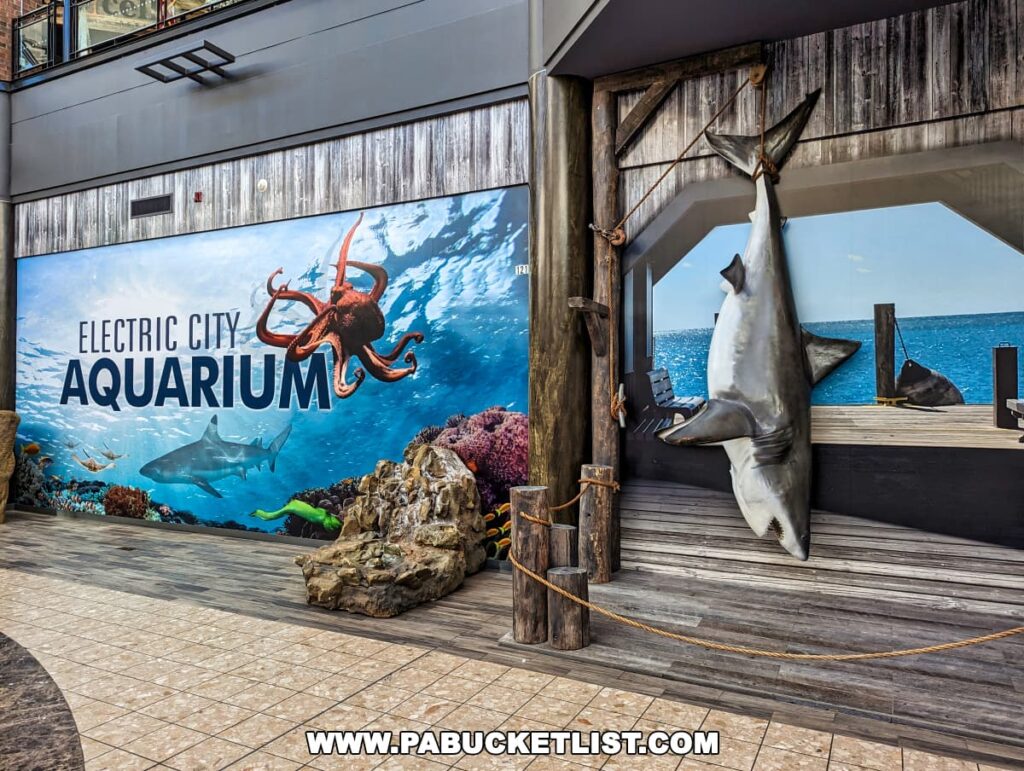 Exterior of Electric City Aquarium in Scranton with a large mural featuring marine life and a shark model hanging above the entrance.
