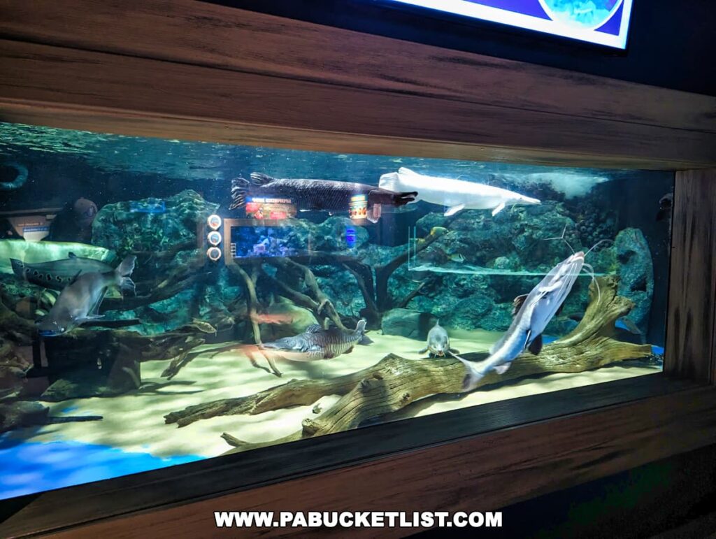 Aquarium tank at Electric City Aquarium, Scranton, displaying various catfish and aquatic scenery.