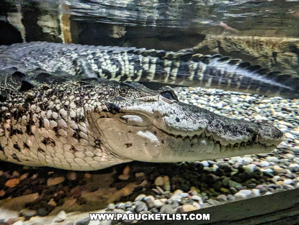 Close-up of a crocodile submerged in water at Electric City Aquarium in Scranton.
