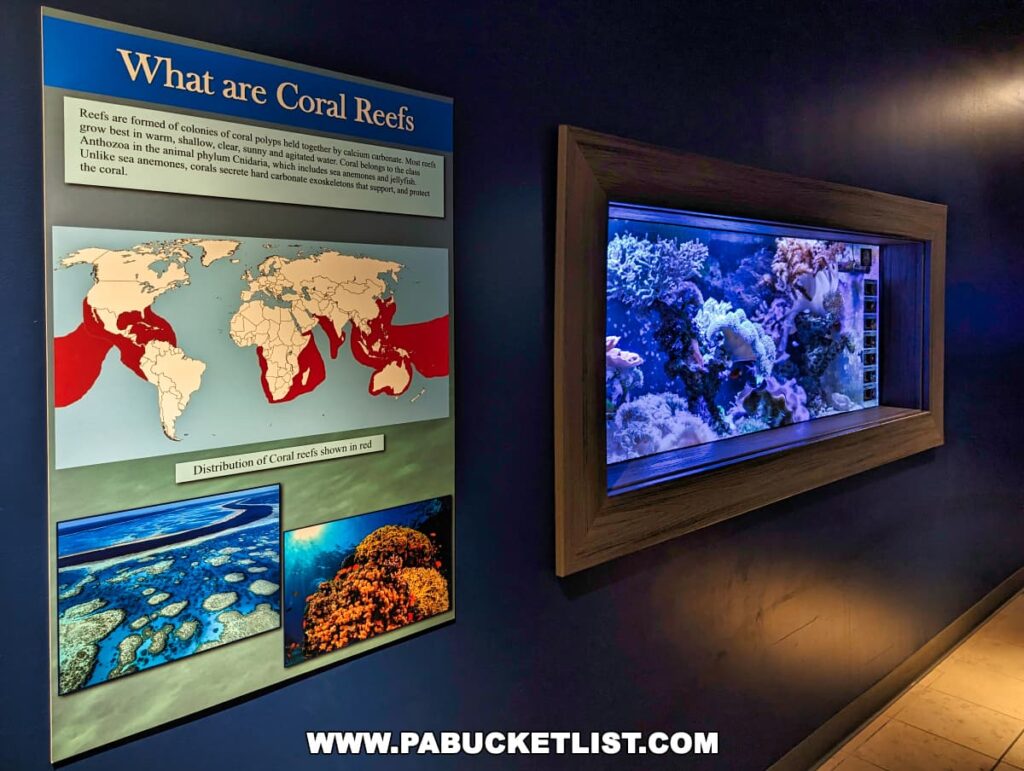 Informative display about coral reefs with a world map and adjacent live coral tank at Electric City Aquarium in Scranton.