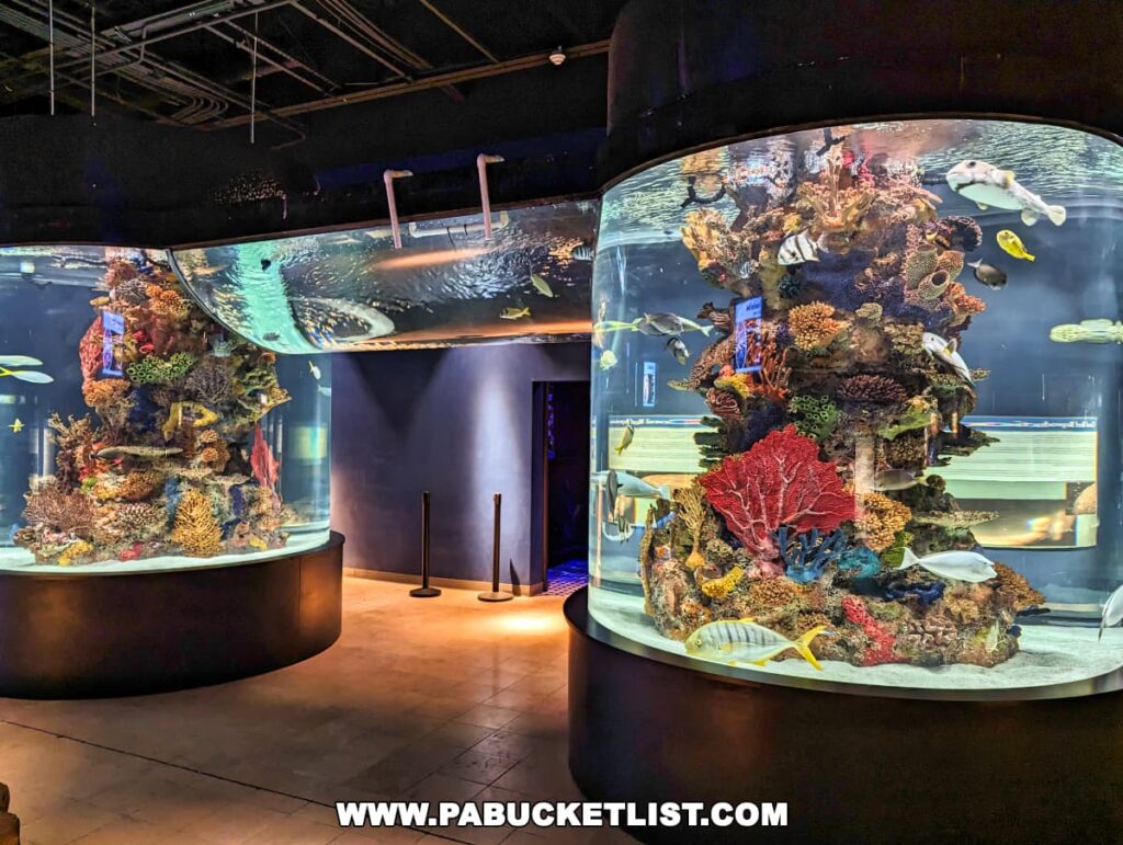 Two large cylindrical aquarium tanks filled with colorful coral and diverse fish at the Electric City Aquarium in Scranton.