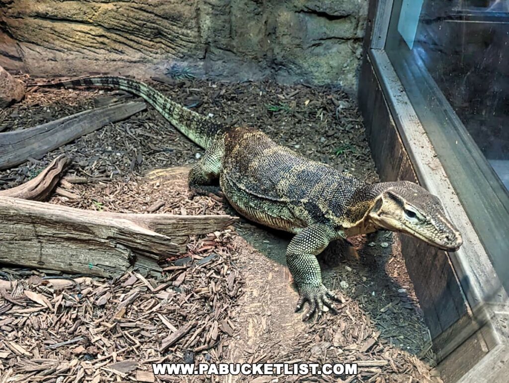 Komodo dragon on display at Electric City Aquarium in Scranton, resting among wood chips and logs.