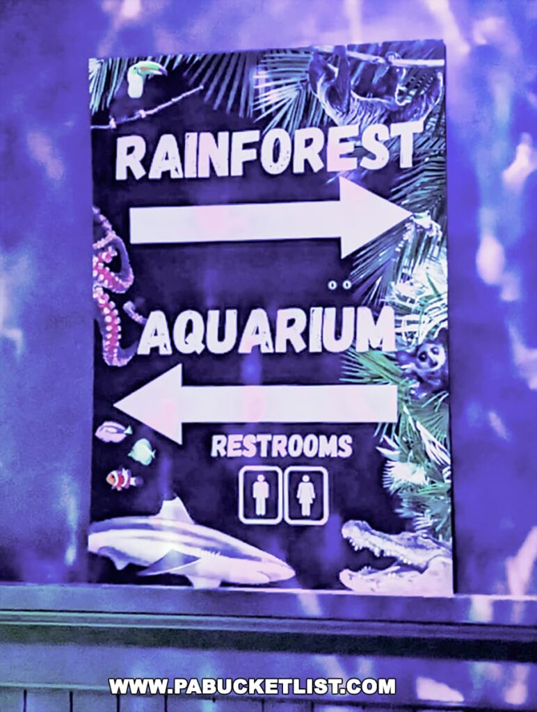 Signage at Electric City Aquarium in Scranton pointing to the Rainforest and Aquarium exhibits and restrooms.