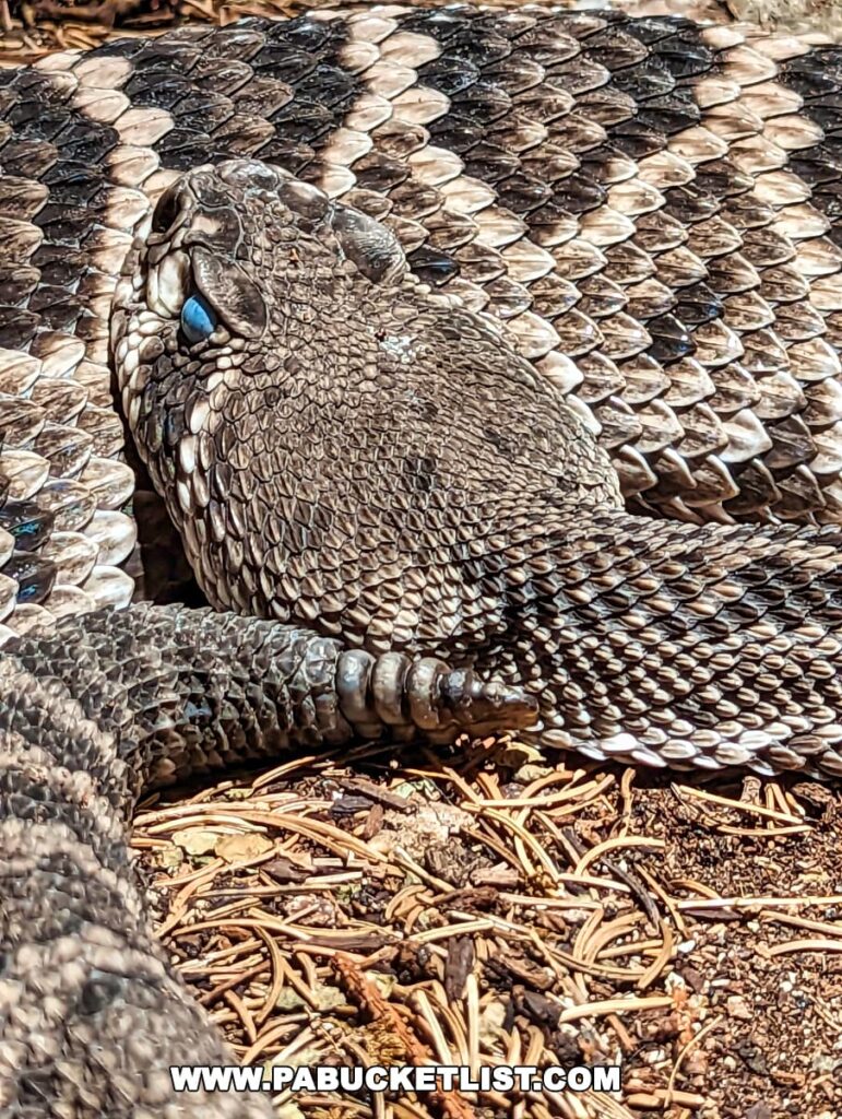Close-up of a rattlesnake with blue cloudy eyes during shedding at Electric City Aquarium, Scranton