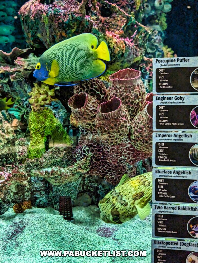 Colorful marine fish and educational signage on species in a tank at Electric City Aquarium, Scranton.