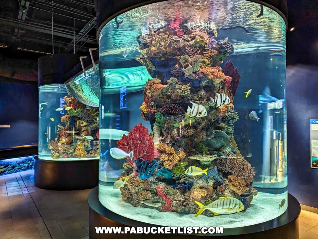 Large cylindrical fish tanks with coral reefs and tropical fish at Electric City Aquarium in Scranton