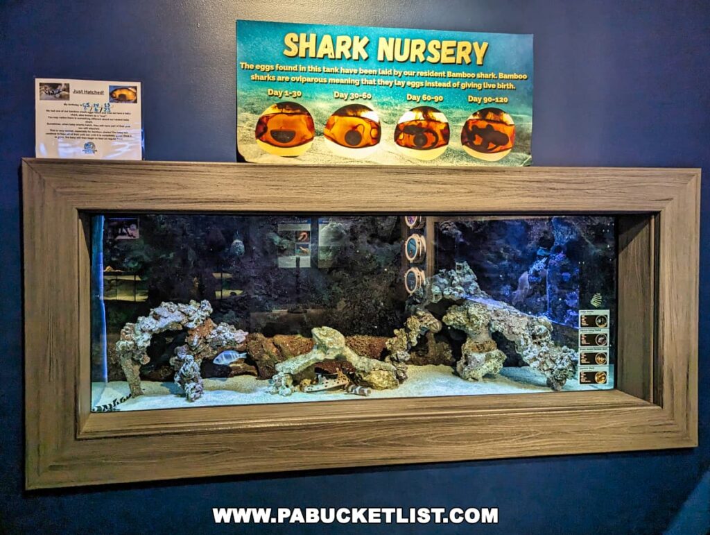 Shark nursery tank with educational signage at Electric City Aquarium in Scranton, showcasing shark eggs and hatchlings.