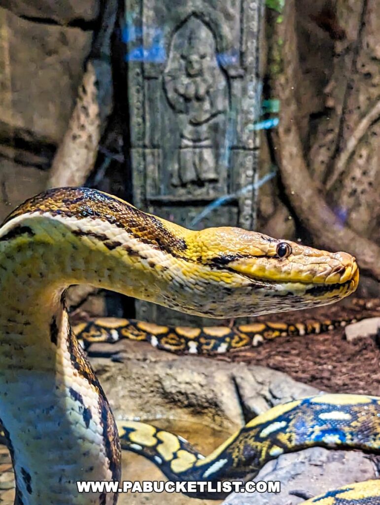 Close-up of a reticulated python with intricate patterns, displayed at Electric City Aquarium in Scranton.