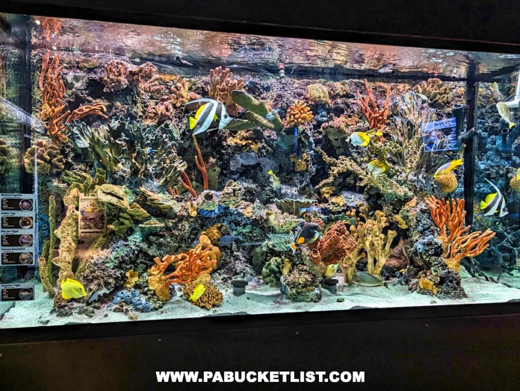 Lively coral reef tank with various tropical fish at Electric City Aquarium in Scranton.