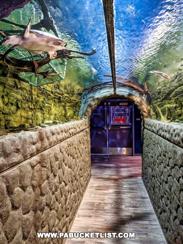 Tunnel with a transparent ceiling through an aquarium tank at Electric City Aquarium in Scranton, showing fish above.