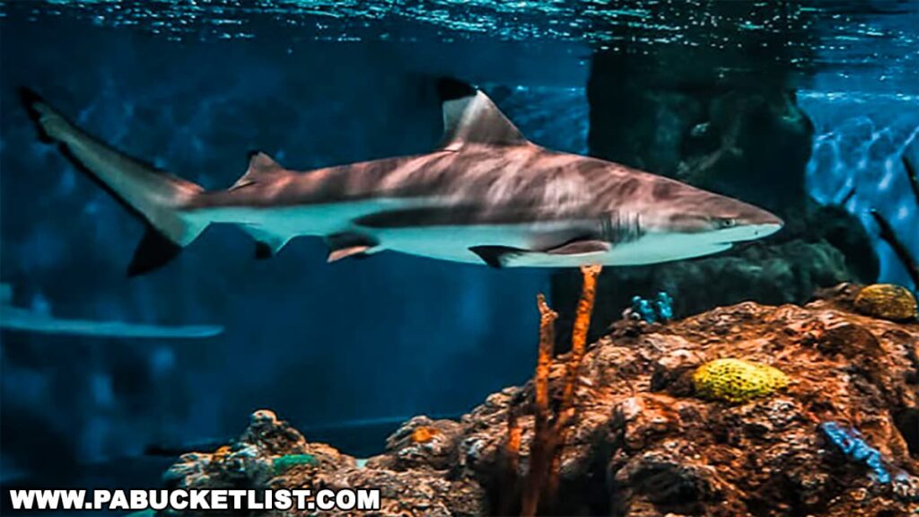 A sleek shark swimming in the aquatic exhibit at Electric City Aquarium in Scranton.