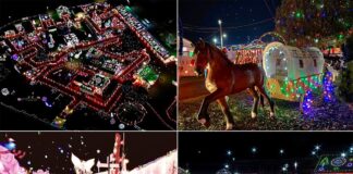 This collage presents four festive images from Koziar's Christmas Village in Berks County, Pennsylvania. Top left is an aerial night view of the village lit up; top right features a horse statue by a decorated wagon; bottom left shows the 'Santa's Train Center' sign; and bottom right captures a panoramic view of the village's sparkling lights and reflective water.