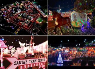 This collage presents four festive images from Koziar's Christmas Village in Berks County, Pennsylvania. Top left is an aerial night view of the village lit up; top right features a horse statue by a decorated wagon; bottom left shows the 'Santa's Train Center' sign; and bottom right captures a panoramic view of the village's sparkling lights and reflective water.