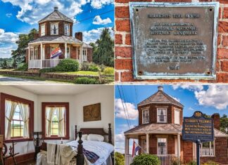 A collage of four images showcasing Searights Tollhouse in Fayette County, Pennsylvania. The top left photo displays the tollhouse's exterior with a distinctive octagonal design and 'OPEN' flag. The top right features a close-up of a weathered plaque commemorating the tollhouse as a Registered National Historic Landmark. The bottom left shows a quaint bedroom with antique furniture and window views of the countryside. The bottom right captures the tollhouse with a historical marker in the foreground.