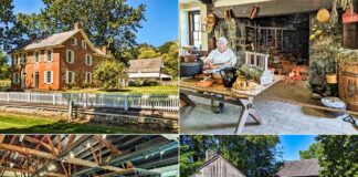 A collage of four images showcasing various scenes from the Landis Valley Museum in Lancaster, Pennsylvania. The top left photo displays a historic red brick house with a white picket fence. The top right photo features a woman in traditional attire cooking in a colonial fireplace kitchen. The bottom left image shows an exhibit of antique farming equipment and machinery. The bottom right image captures a rustic wooden log cabin beside a fenced-in garden with thriving plants. Each scene reflects the museum's dedication to preserving Pennsylvania's rural German heritage.