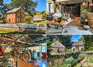 A collage of four images showcasing various scenes from the Landis Valley Museum in Lancaster, Pennsylvania. The top left photo displays a historic red brick house with a white picket fence. The top right photo features a woman in traditional attire cooking in a colonial fireplace kitchen. The bottom left image shows an exhibit of antique farming equipment and machinery. The bottom right image captures a rustic wooden log cabin beside a fenced-in garden with thriving plants. Each scene reflects the museum's dedication to preserving Pennsylvania's rural German heritage.