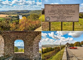 A collage of four images from the Marie Antoinette Scenic Overlook in Bradford County, Pennsylvania. Top left: A picturesque view of rolling hills and a winding river seen from the overlook with lush greenery and farmland. Top right: An informational sign about the Marie Antoinette Scenic Overlook, indicating it as a WPA Project on Historic Route 6 with contributions from various Pennsylvania departments and commissions. Bottom left: A view through a stone structure's window at the overlook framing the scenic landscape beyond. Bottom right: A bright orange truck parked along a road adjacent to the scenic overlook, with the landscape stretching into the distance.