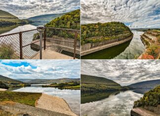 Collage of four photos from Tioga-Hammond Lakes Overlook in Tioga County, Pennsylvania, featuring views through a binocular station over the lake, the vegetated cliff sides of a water channel, the wide expanse of a dam and its reflection in the water, and a serene lake with ripples from a passing boat, all beneath a sky with dynamic cloud patterns.