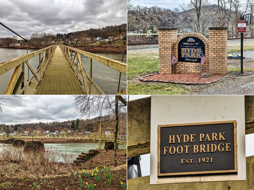 Various scenes from Hyde Park Walking Bridge, connecting Westmoreland and Armstrong counties in western Pennsylvania.